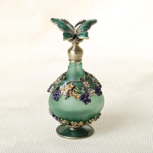 Frosted Green Anointing Oil Bottle adorned with Butterflies and flowers with gold accents