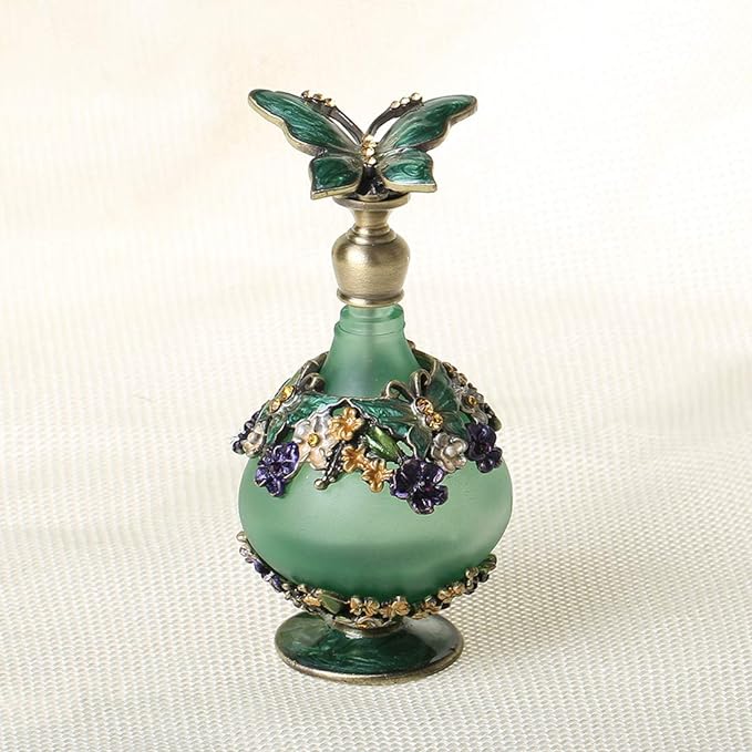 Frosted Green Anointing Oil Bottle adorned with Butterflies and flowers with gold accents